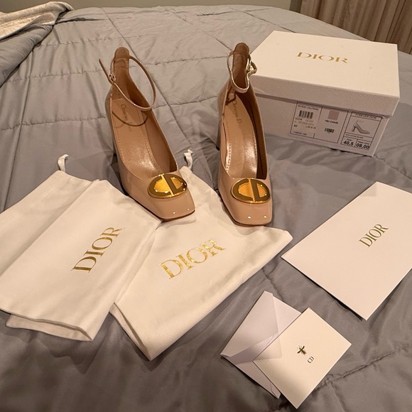 Dior Beige Patent Leather Ankle-Strap Pumps with Gold Medallion - Picture 3 of 7